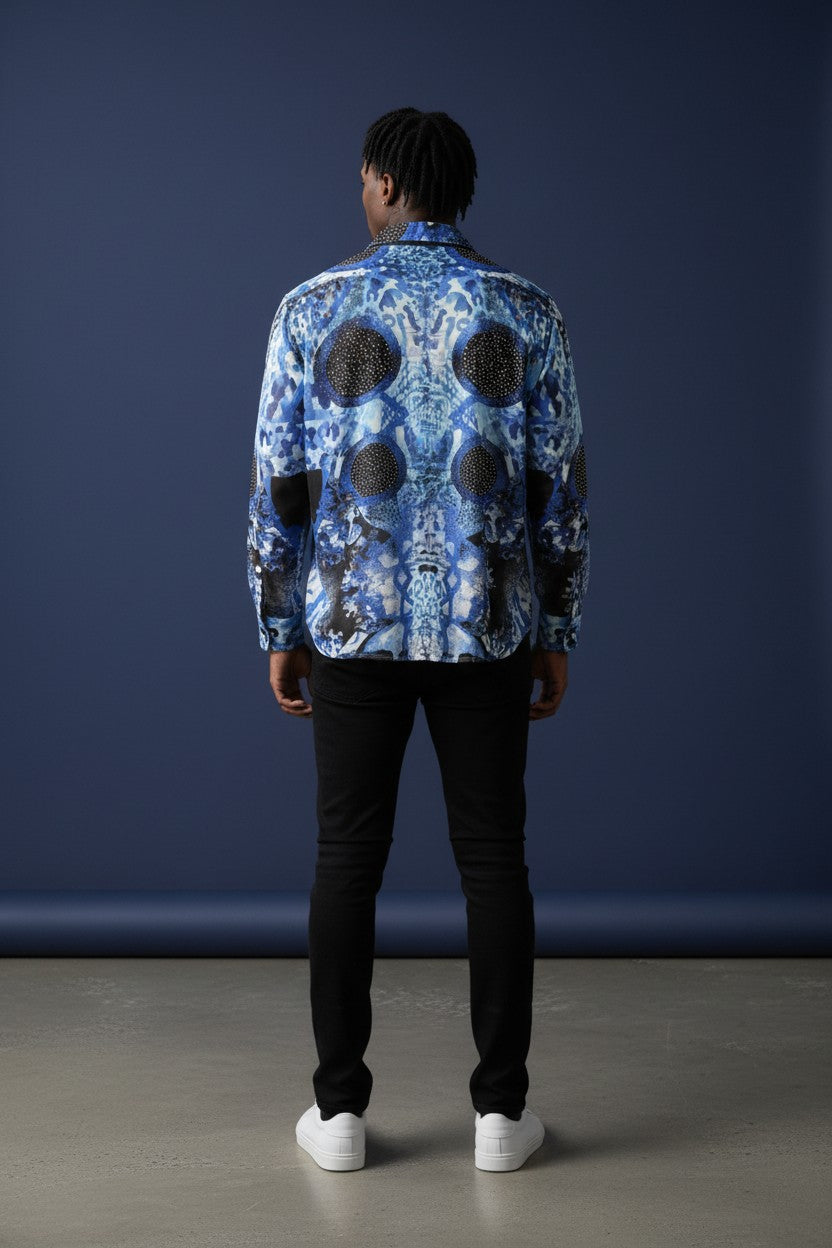 Vercini Blue Abstract Crystal Studded Button-Up Shirt — Mosaic Edition