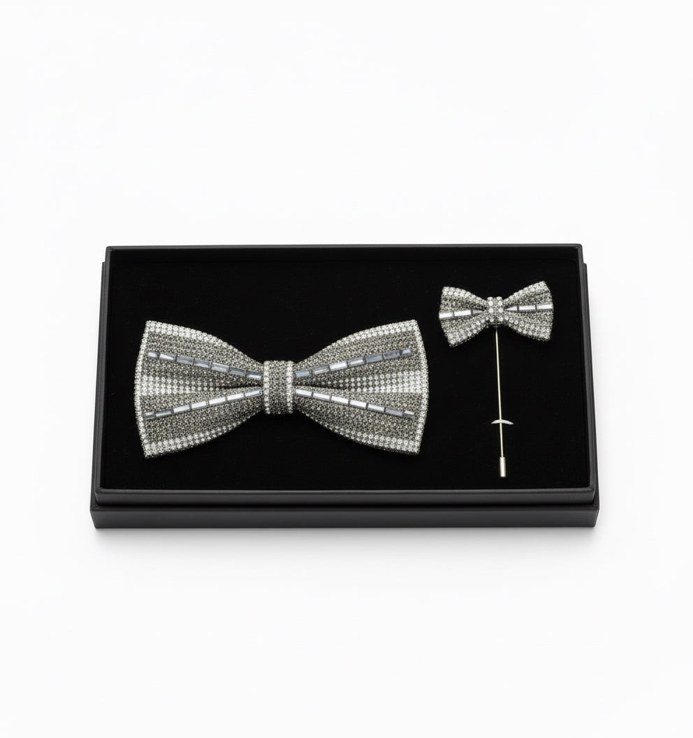 Silver bow tie and stick pin set in a black box on a white background