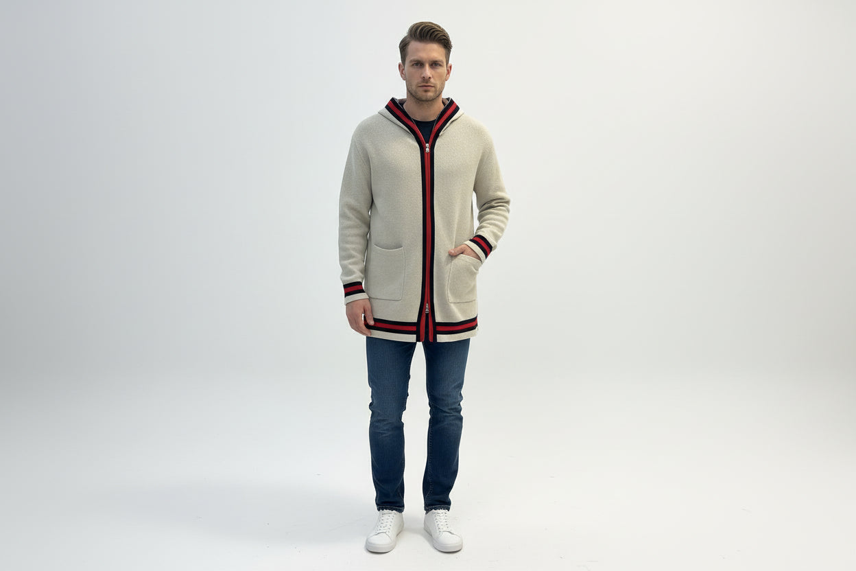 FRONT CONTRAST TRIM HOODED CARDIGAN