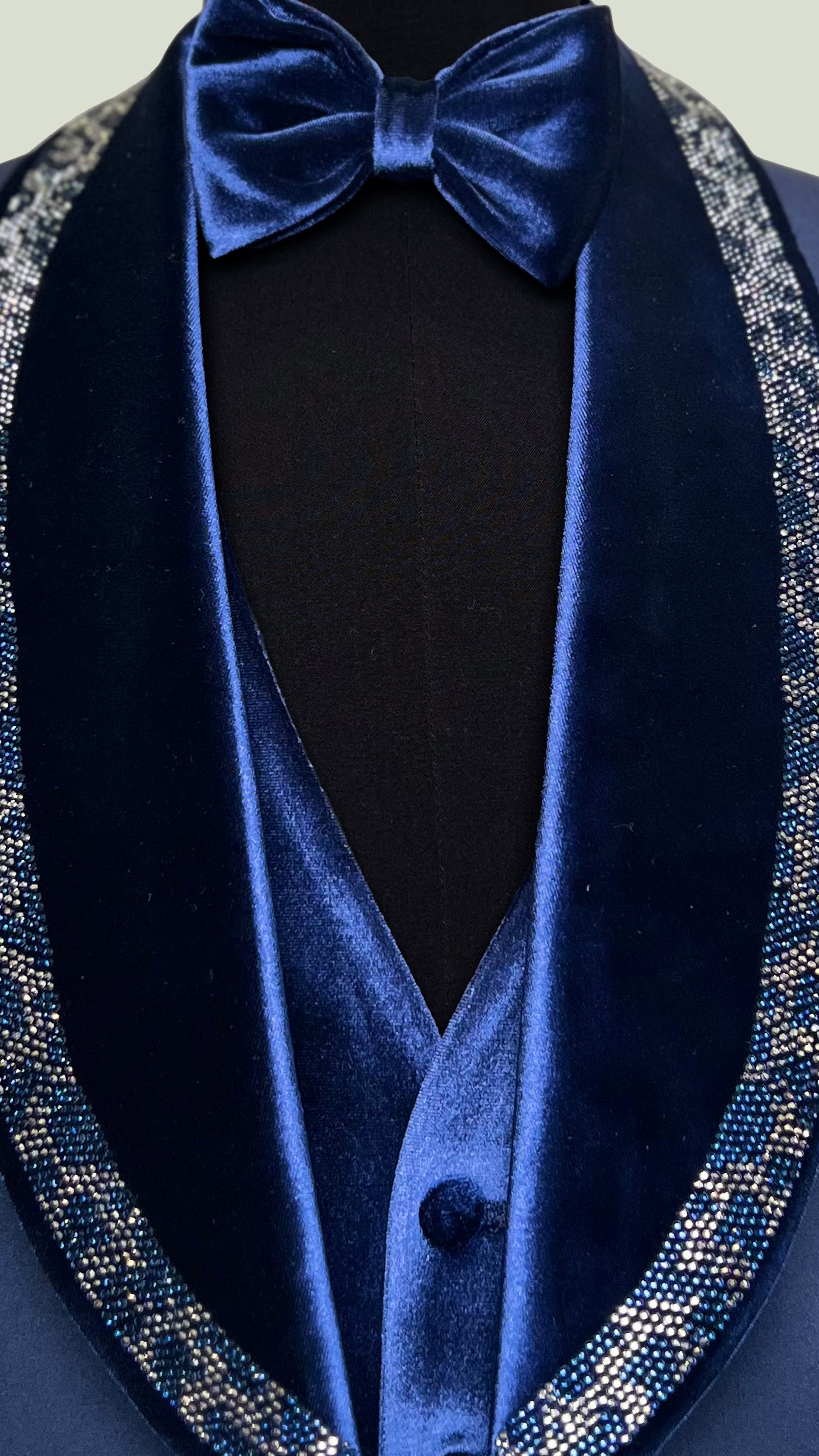 Men's Deep Blue Velvet Tuxedo with Crystal Embellished Lapel - Vercini