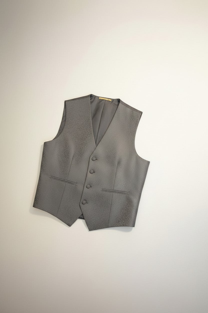 Black Mandarin Collar Tuxedo with Charcoal Paisley Vest & Ascot
