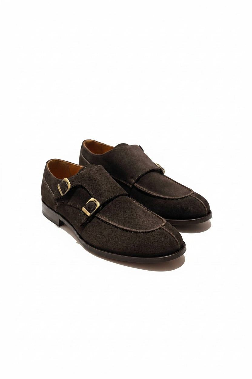 Handcrafted Brown Suede Double Monk Strap Shoe