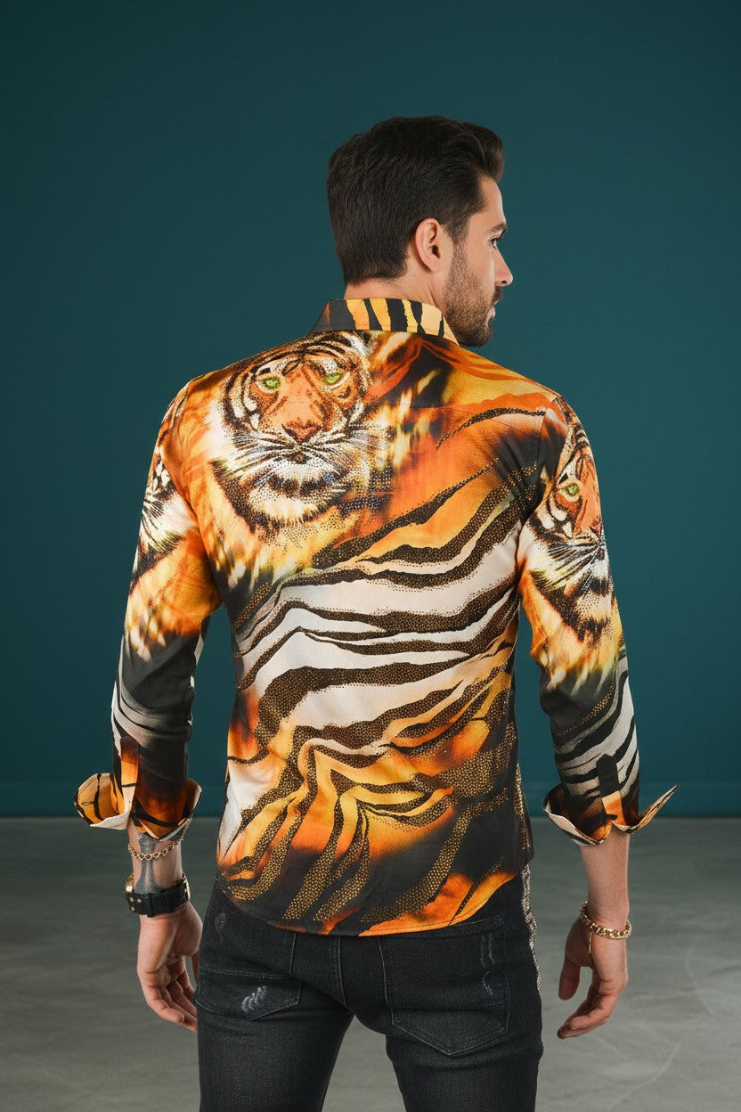 On the Prowl Men's Rhinestone Tiger & Tiger Scratch Shirt