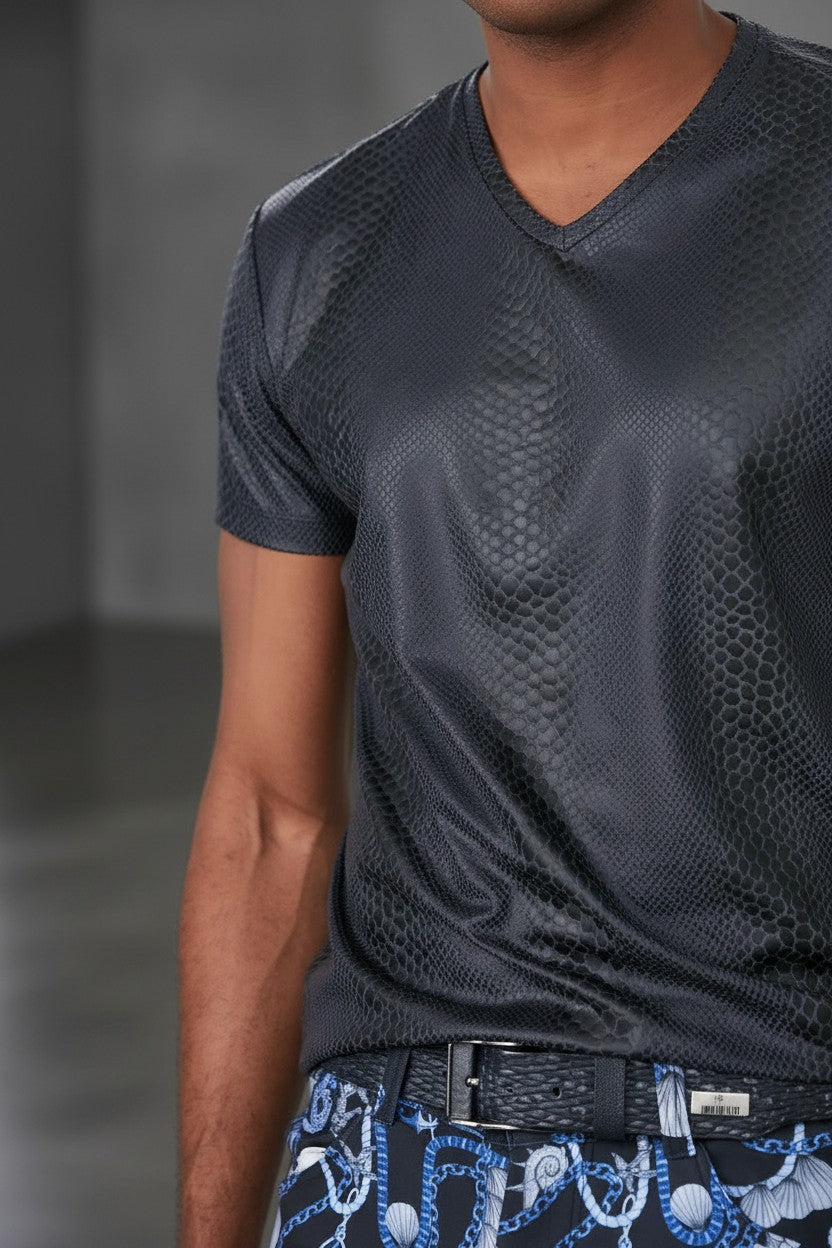 Alligator Print Stripe Spandex Polo Tee