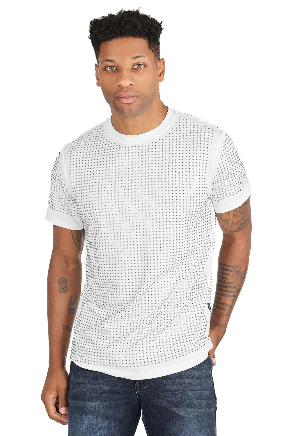 Gold Jewel Men's White and Silver Shiny Crew-Neck T-Shirt