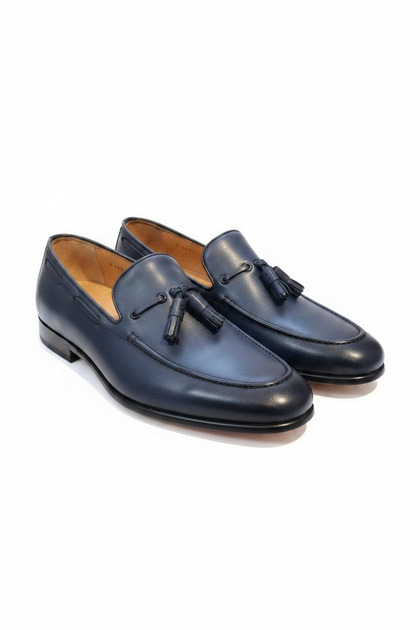 Navy Blue Leather Tassel Loafer — Hand-Burnished Edition