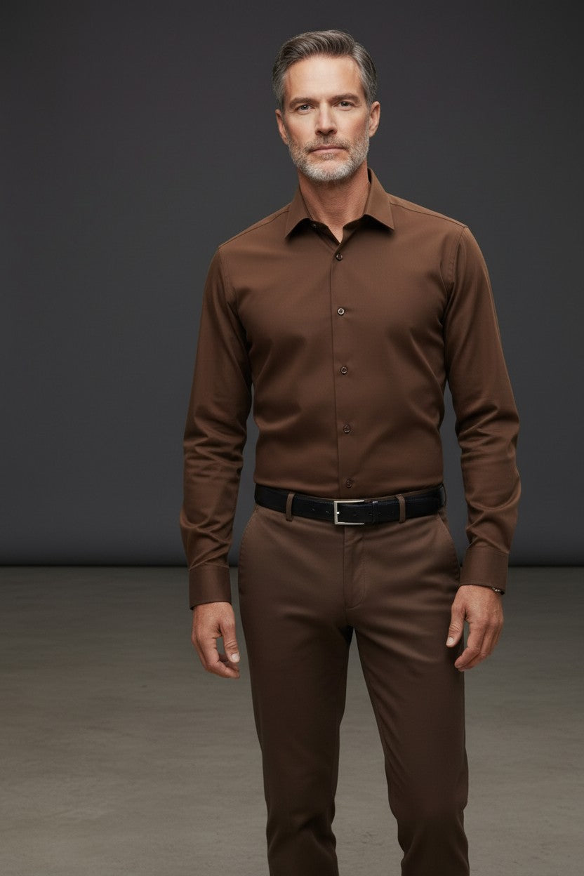 Vercini Classic Dress Shirt – Cream & Brown | 100% Cotton