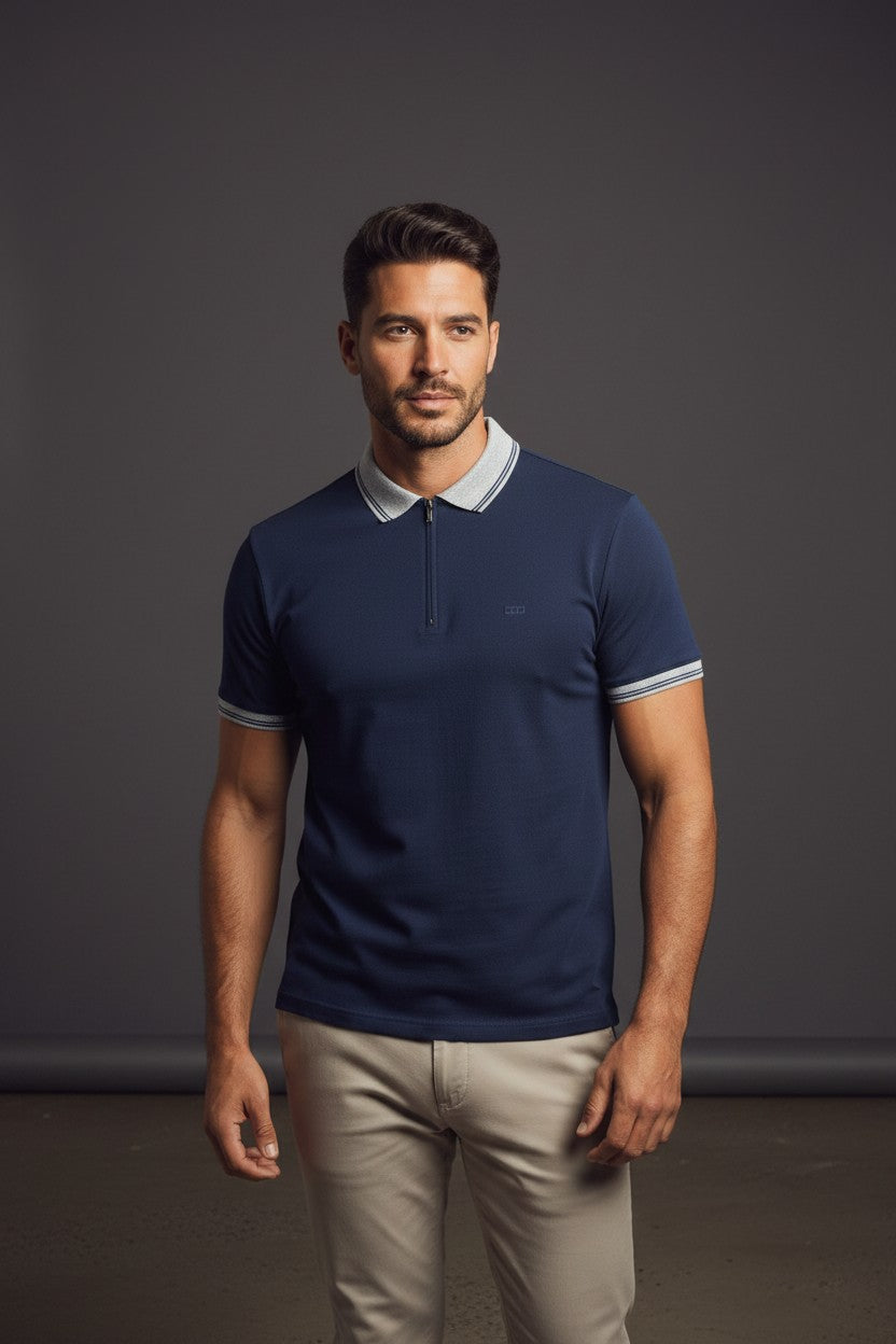 Men's Premium Zip Neck Textured Polo Shirt
