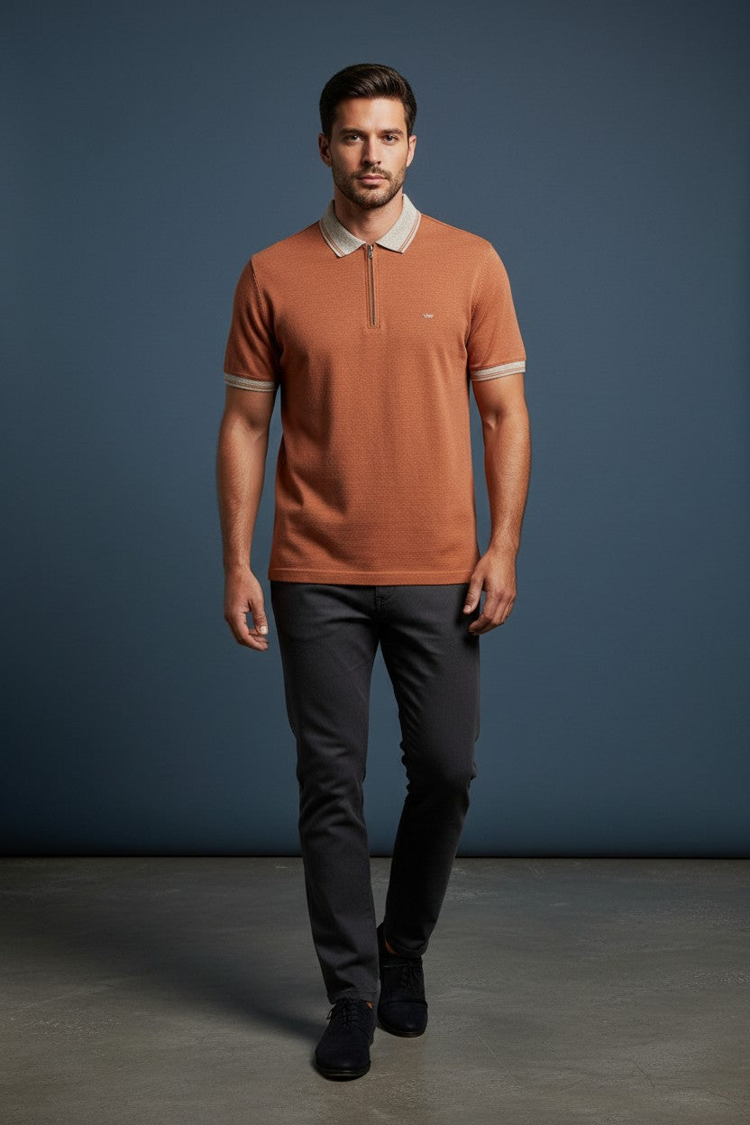 Men's Premium Zip Neck Textured Polo Shirt