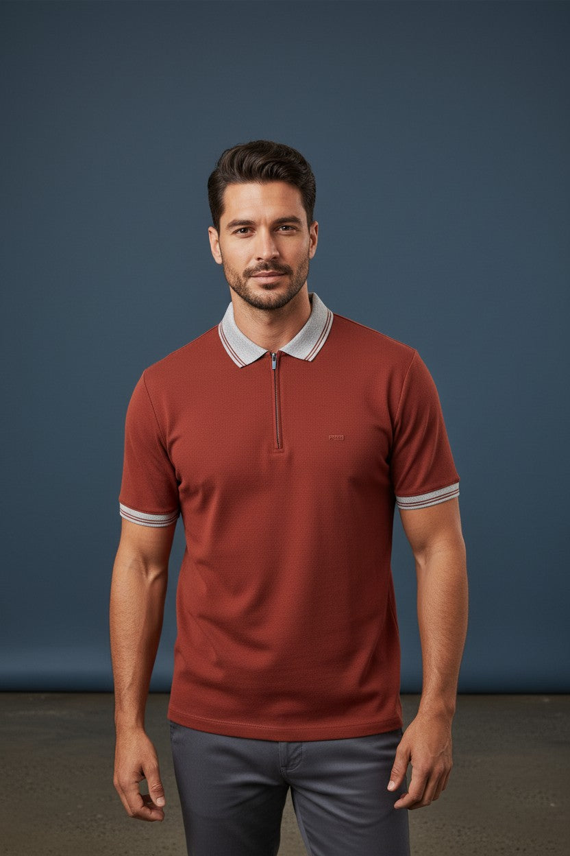 Men's Premium Zip Neck Textured Polo Shirt