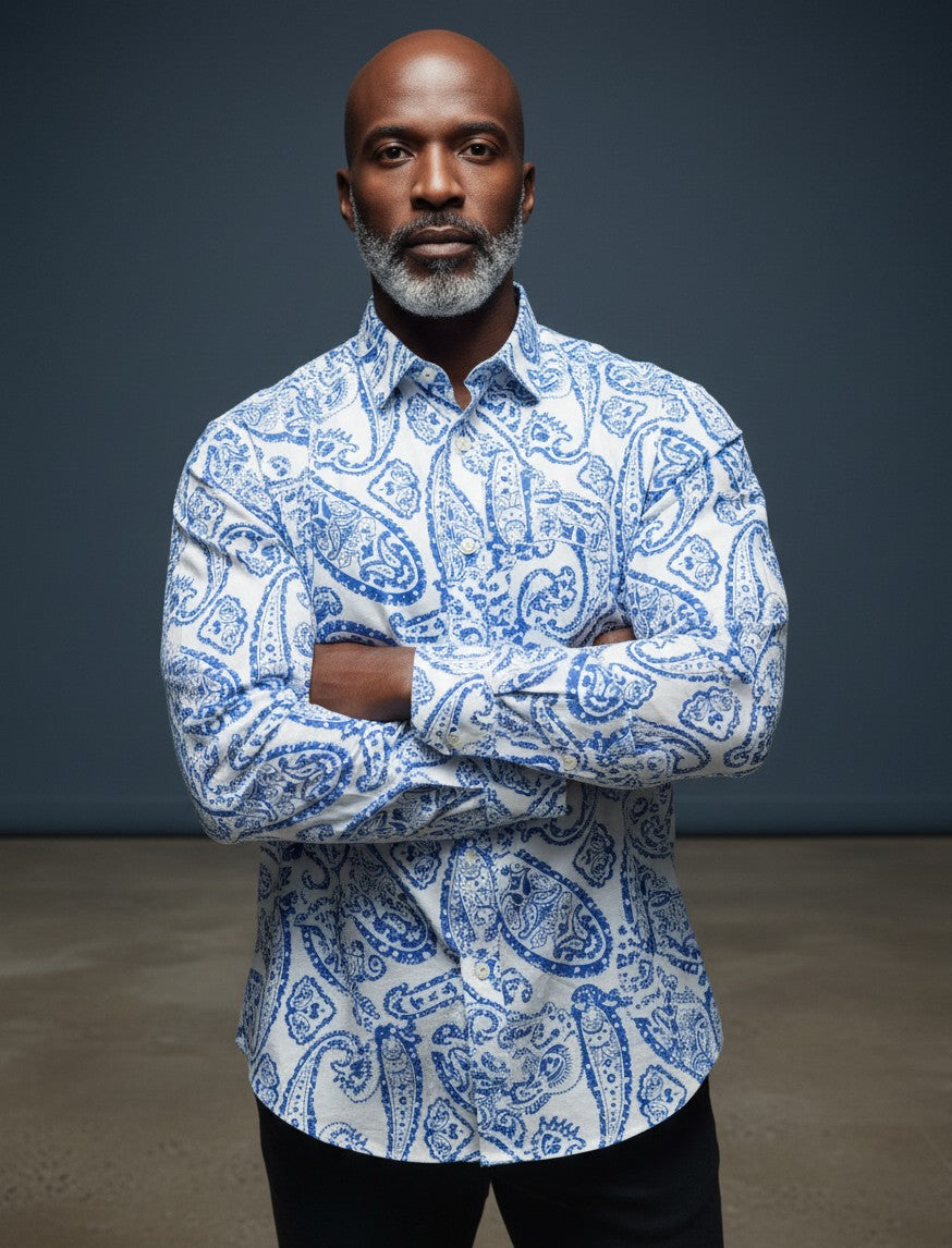 Riviera Paisley Shirt – White & Royal Blue
