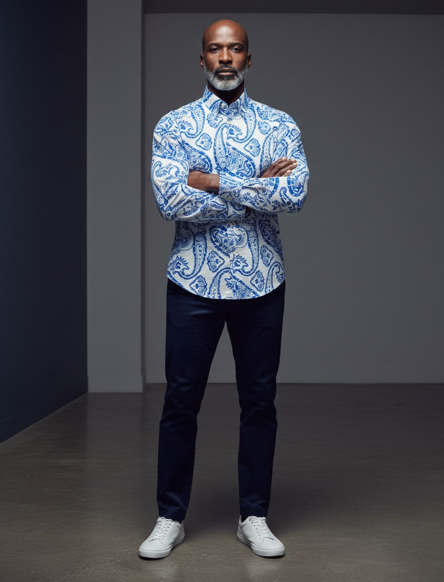 Riviera Paisley Shirt – White & Royal Blue