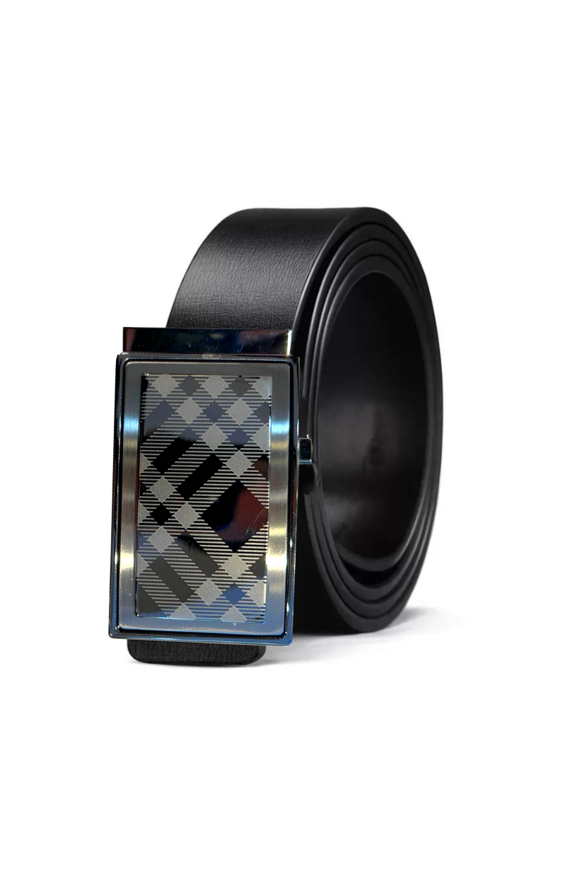 Elegant Black Leather Belt with Checkered Buckle