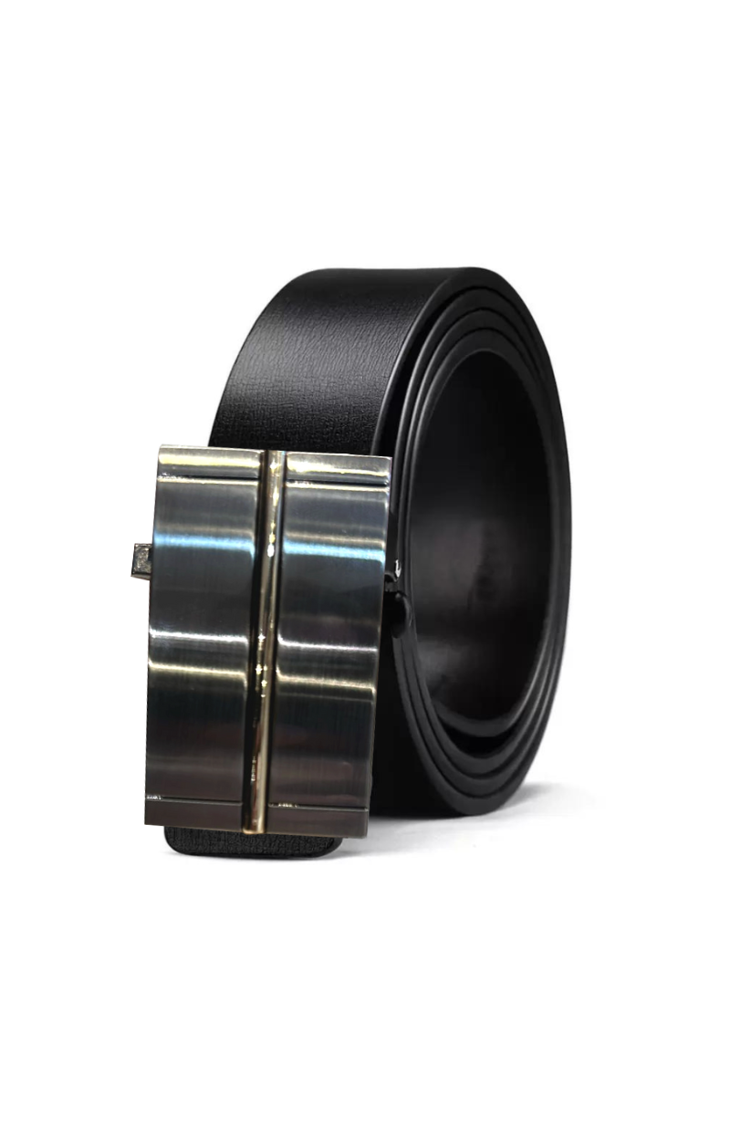 Modern Black Leather Belt with Metallic Striped Buckle