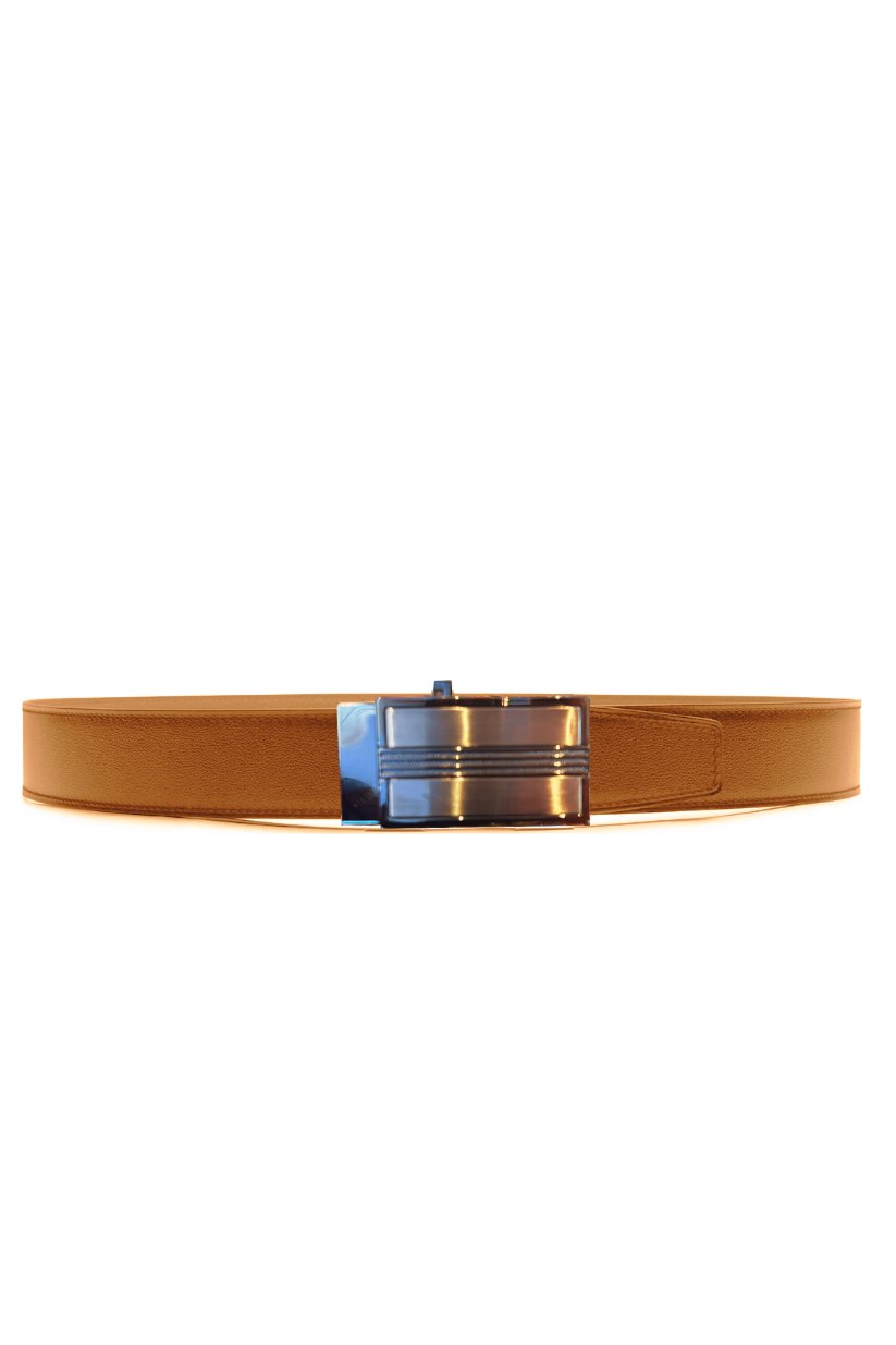 Chic Tan Leather Belt with Brushed Silver Buckle