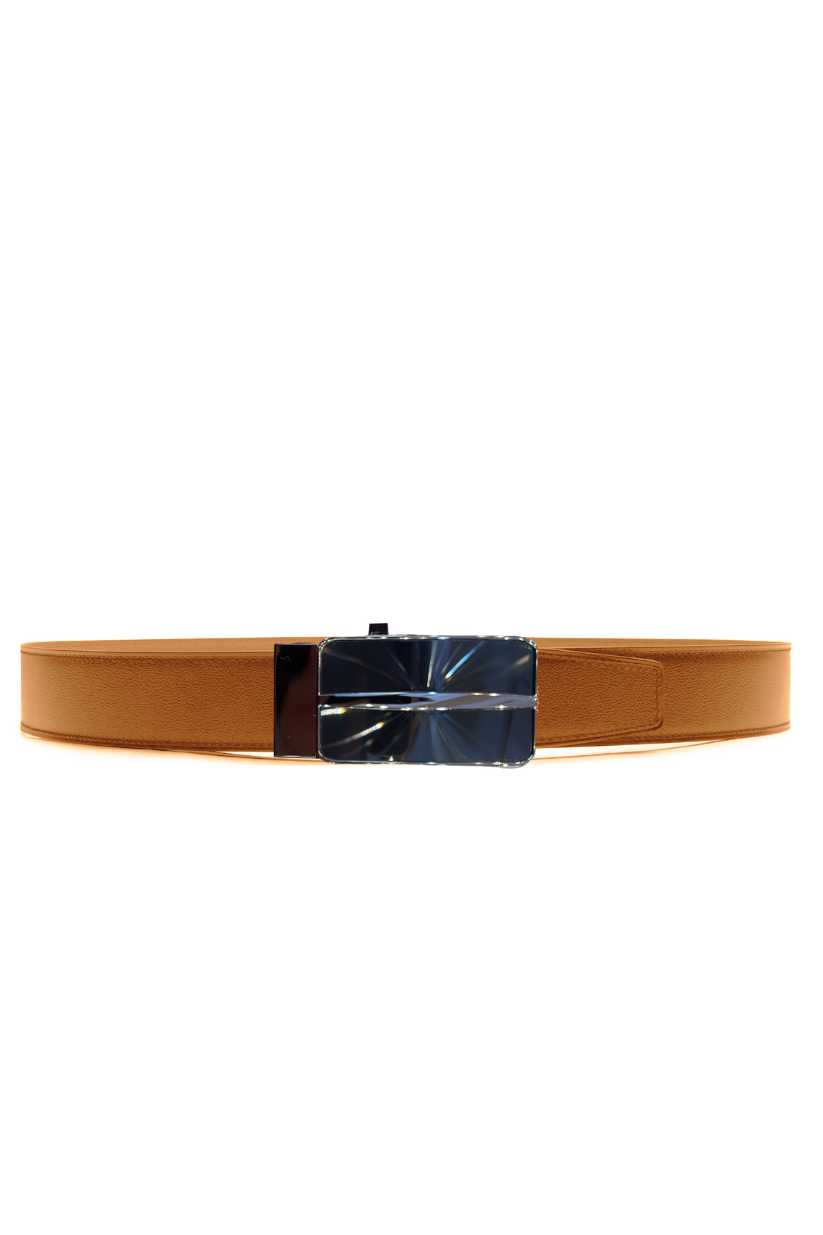 Tan Leather Belt with Faceted Black Buckle