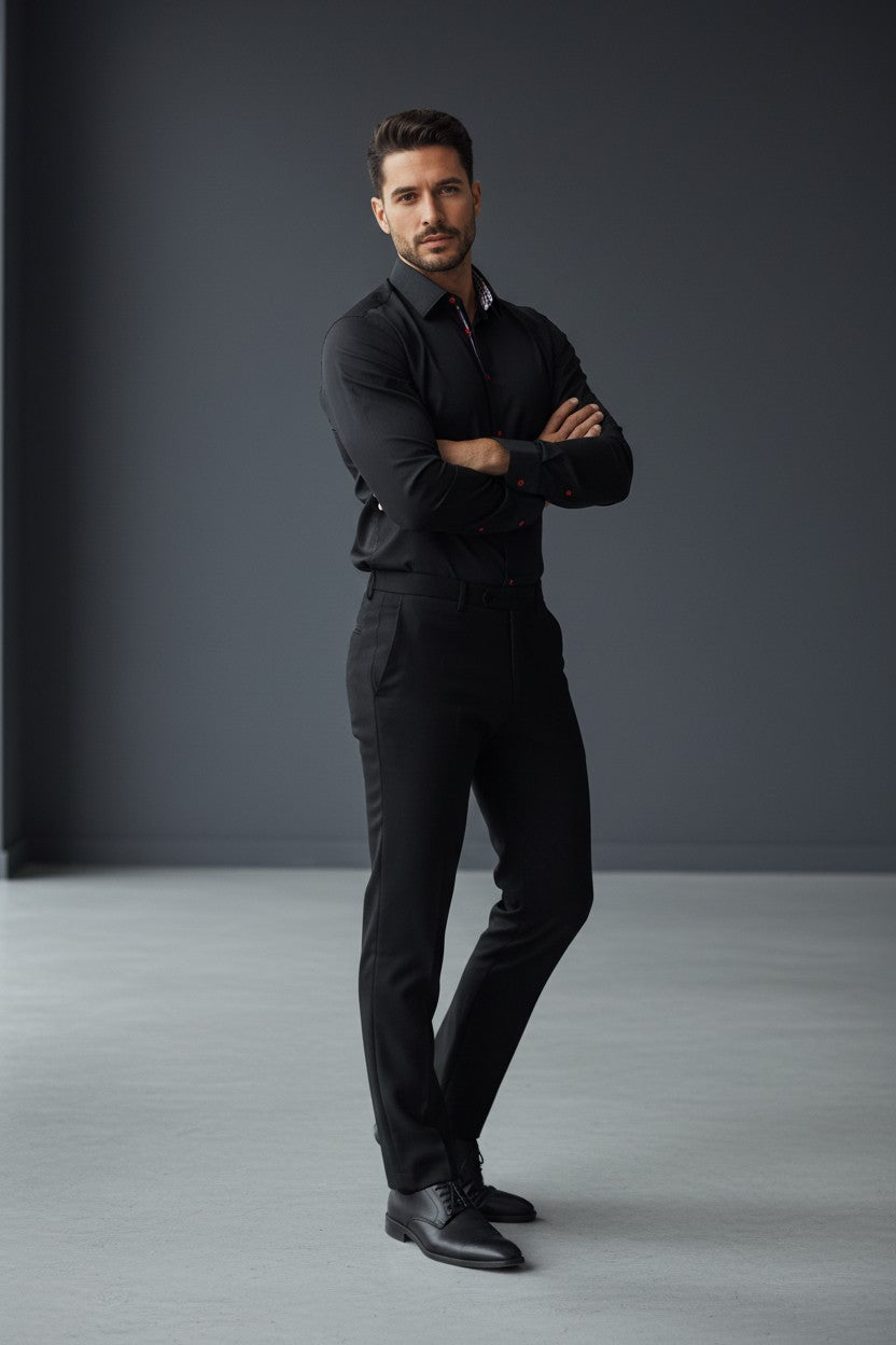 Vercini Chic Black Dress Shirt with Contrast Inner Collar