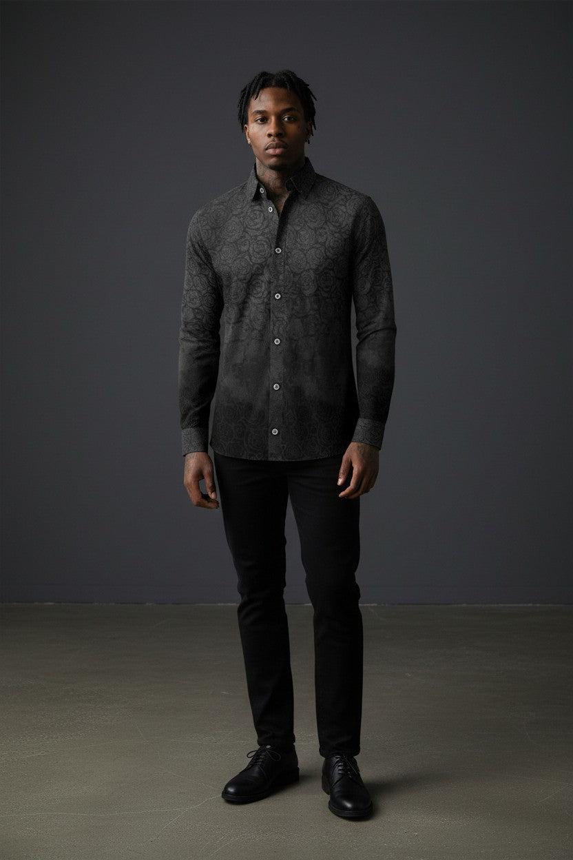 Vercini Black Floral Pattern Dress Shirt