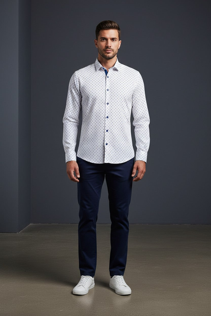 Elegant Turkish Cotton Polka Dot Dress Shirt in Classic White