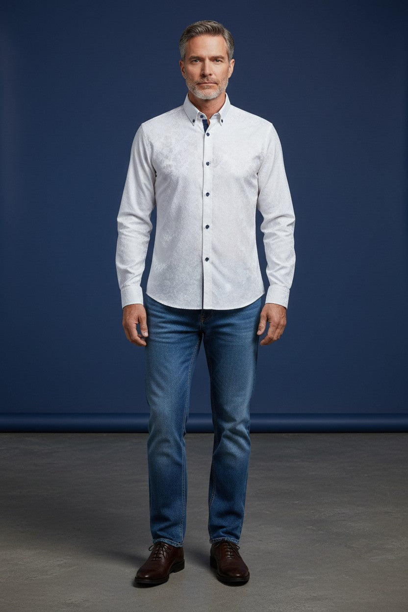 Sleek White Designer Shirt with Signature Black Buttons