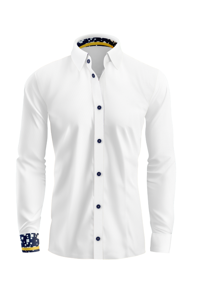 Vercini White Signature Shirt with Patterned Cuff and Collar