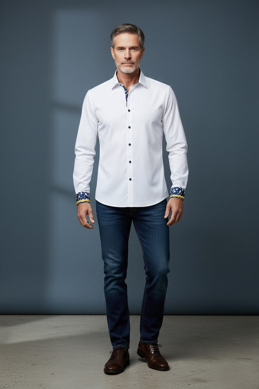 Vercini White Signature Shirt with Patterned Cuff and Collar