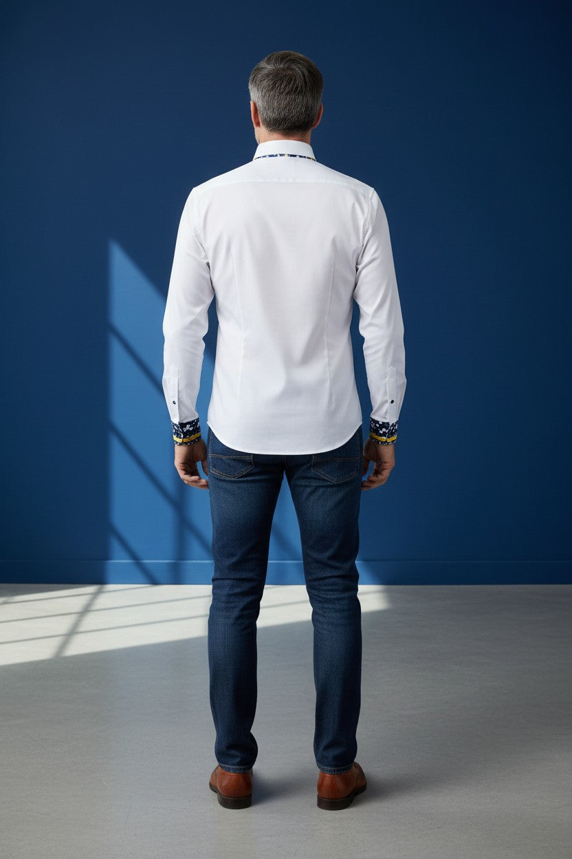 Vercini White Signature Shirt with Patterned Cuff and Collar