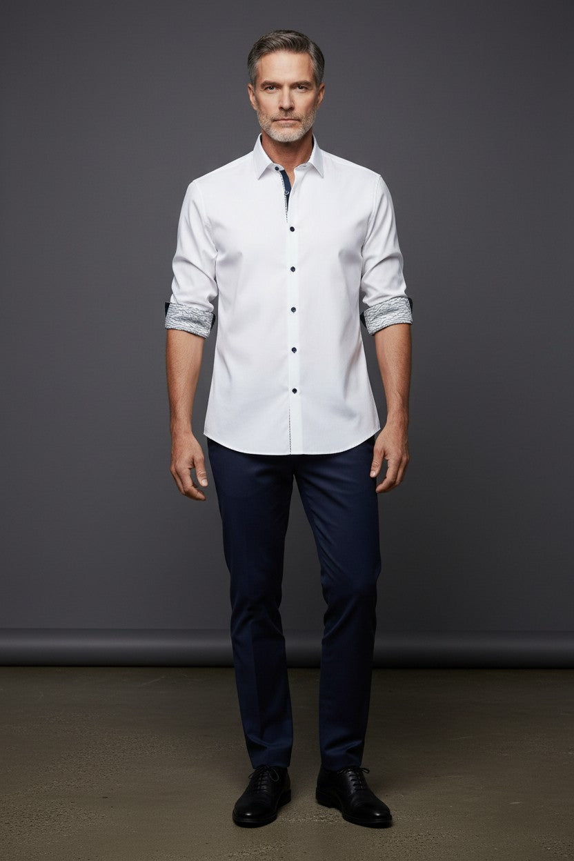 Contemporary White Dress Shirt with Patterned Cuff Detail Contemporary White Dress Shirt with Patterned Cuff Detail