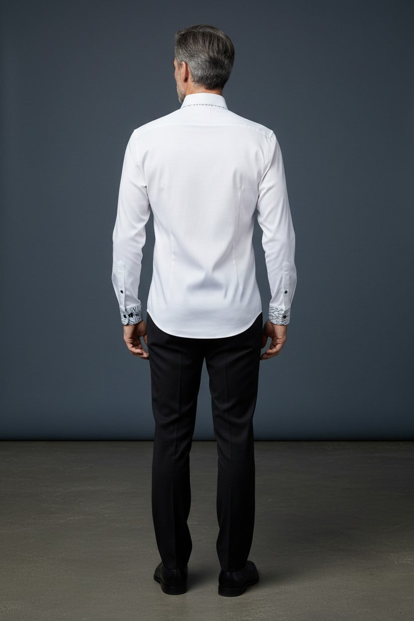 Contemporary White Dress Shirt with Patterned Cuff Detail