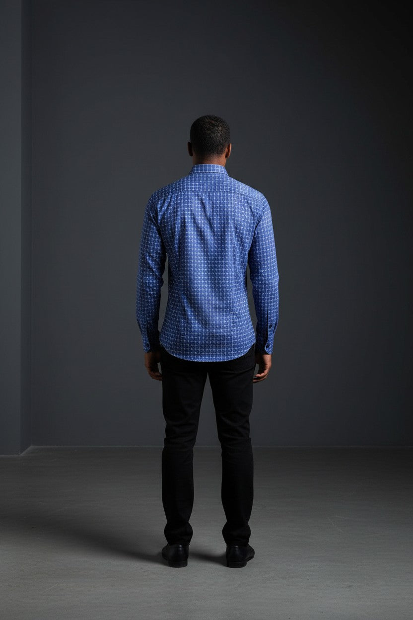 Vercini Geometric Precision Blue Cotton Shirt