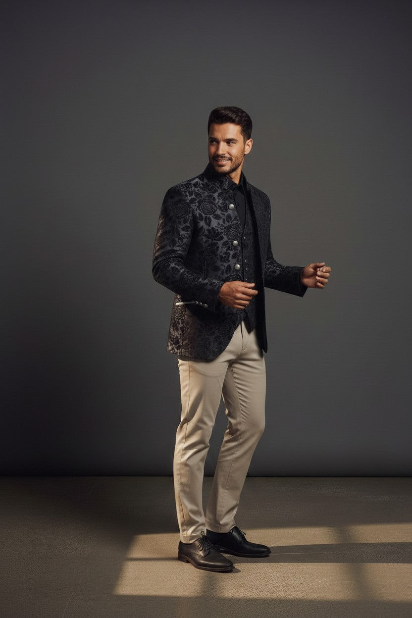 Black Floral Velvet Tuxedo with Mandarin Collar & Grey Satin Accents