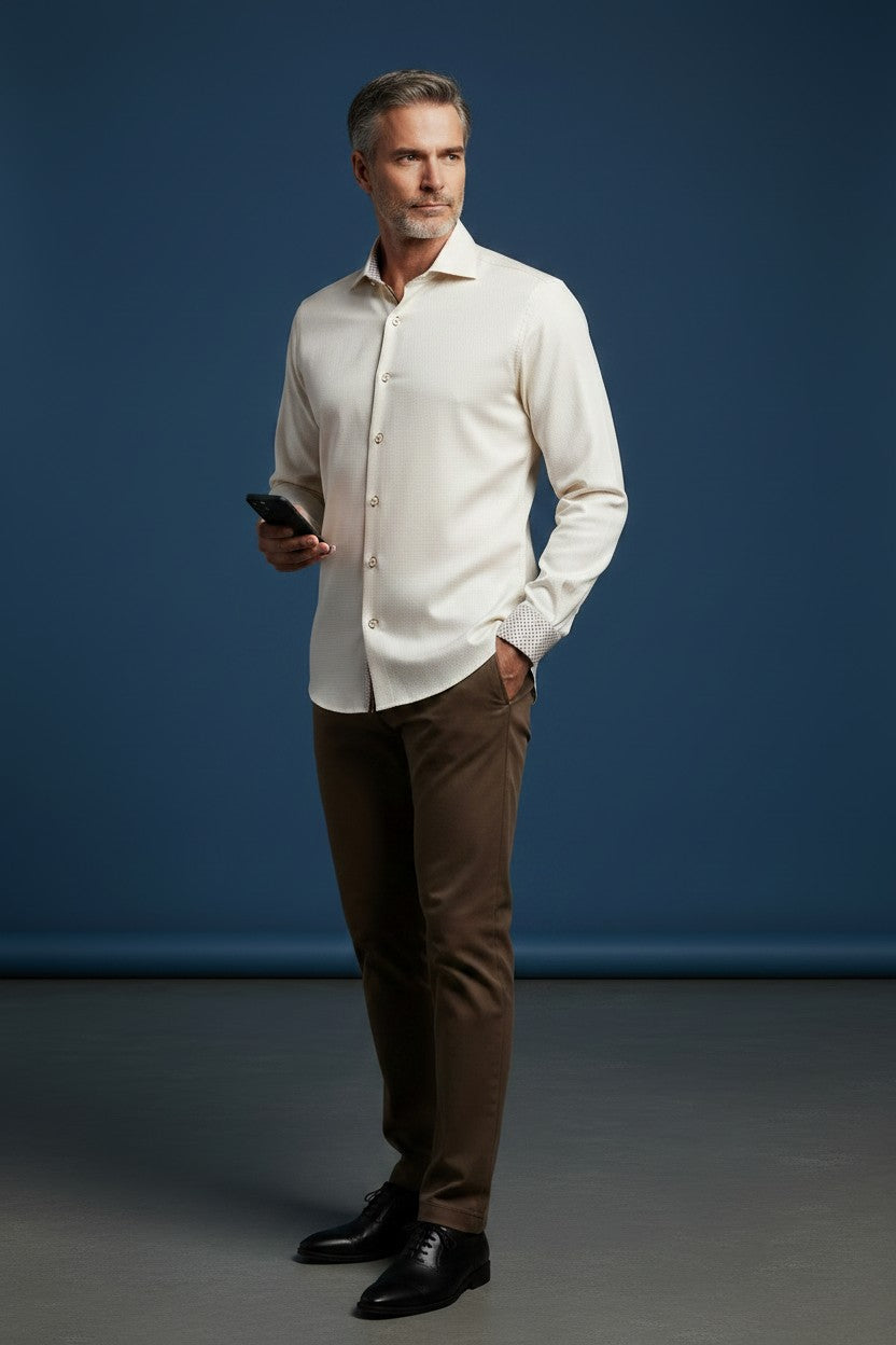 Vercini Beige Cotton Dress Shirt with Brown Trim