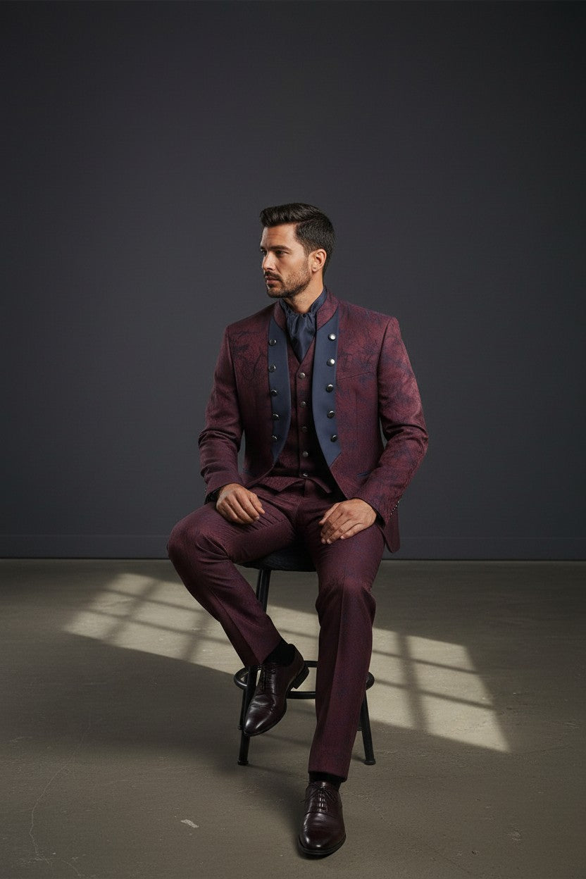 Burgundy Jacquard Mandarin Collar Suit with Satin Contrast Panel