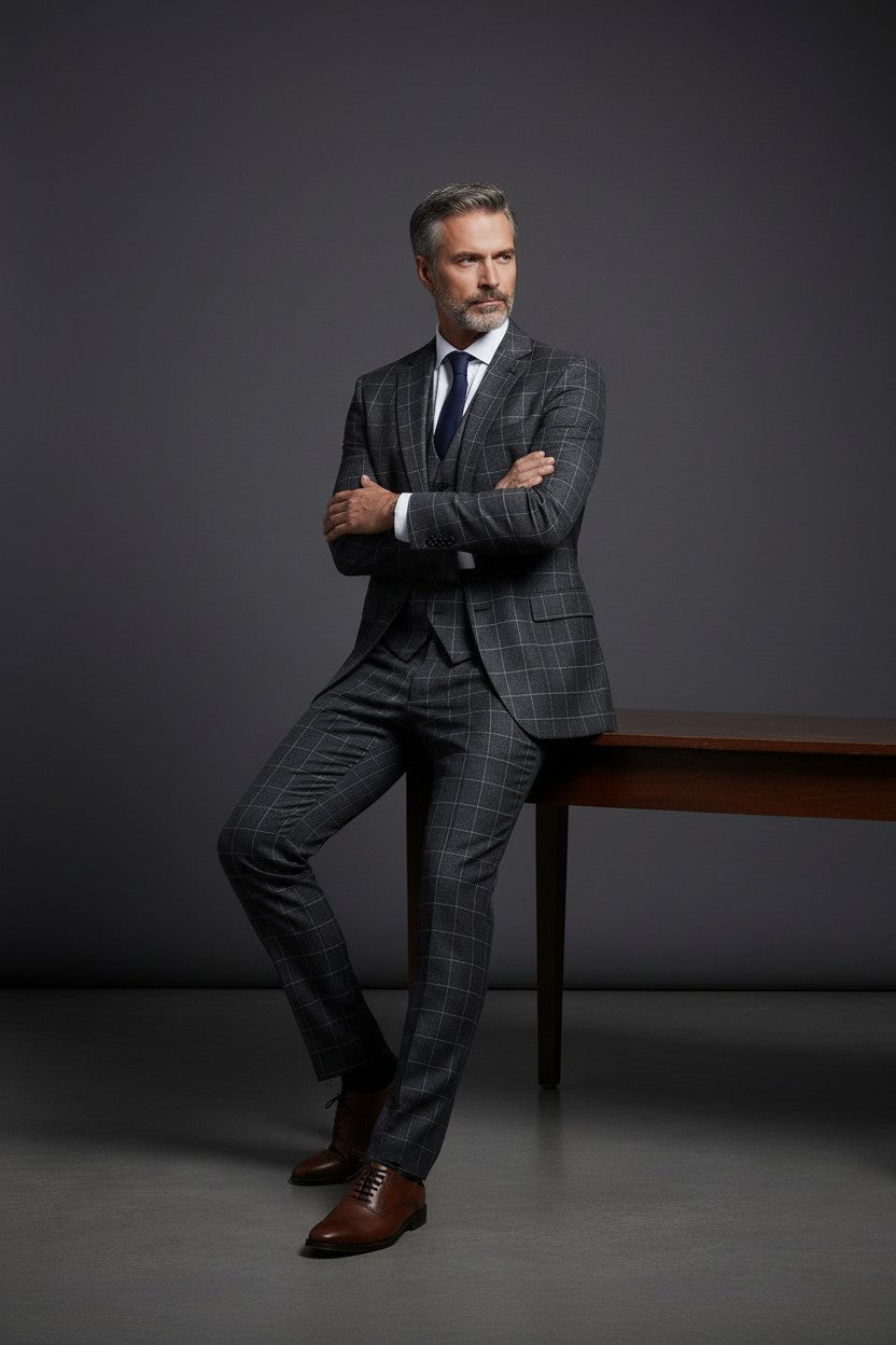 Navy Blue & Brown Plaid Three-Piece Vested Suit