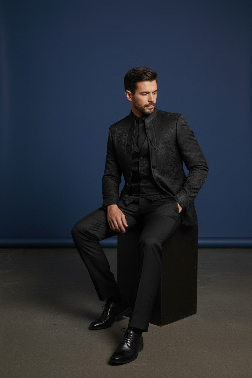 Black Jacquard Mandarin Collar Tuxedo Suit