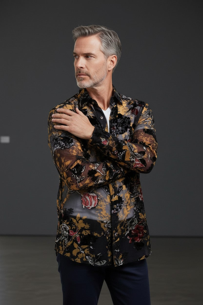 Black Floral Sheer Velvet Shirt