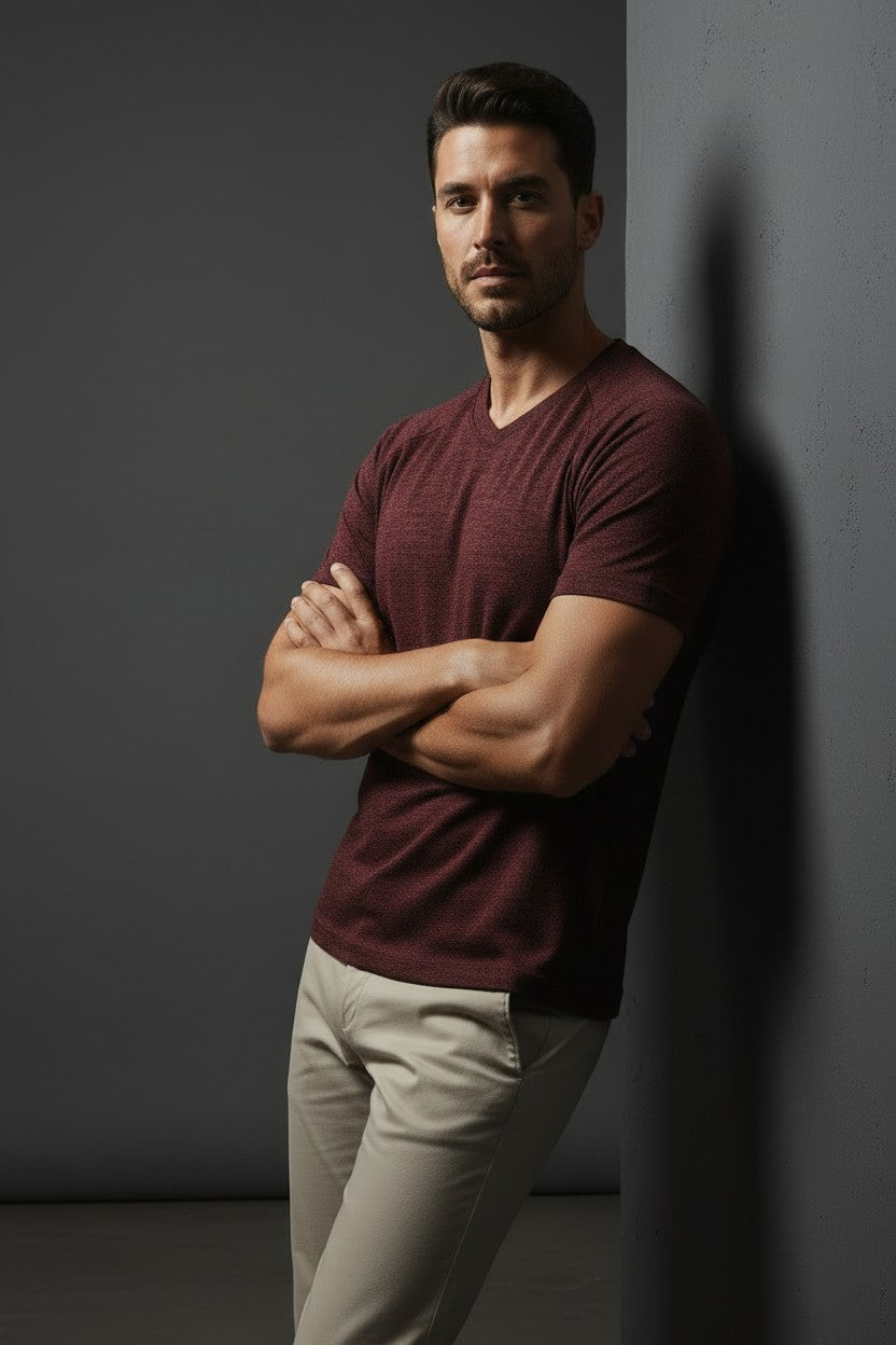 Vercini Burgundy Heathered V-Neck Tee — Raglan Edition