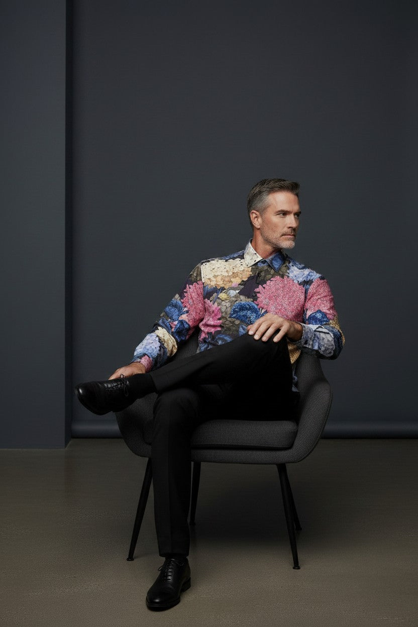 Vercini Slim Fit Long Sleeve Floral Shirt with Rhinestone Accents