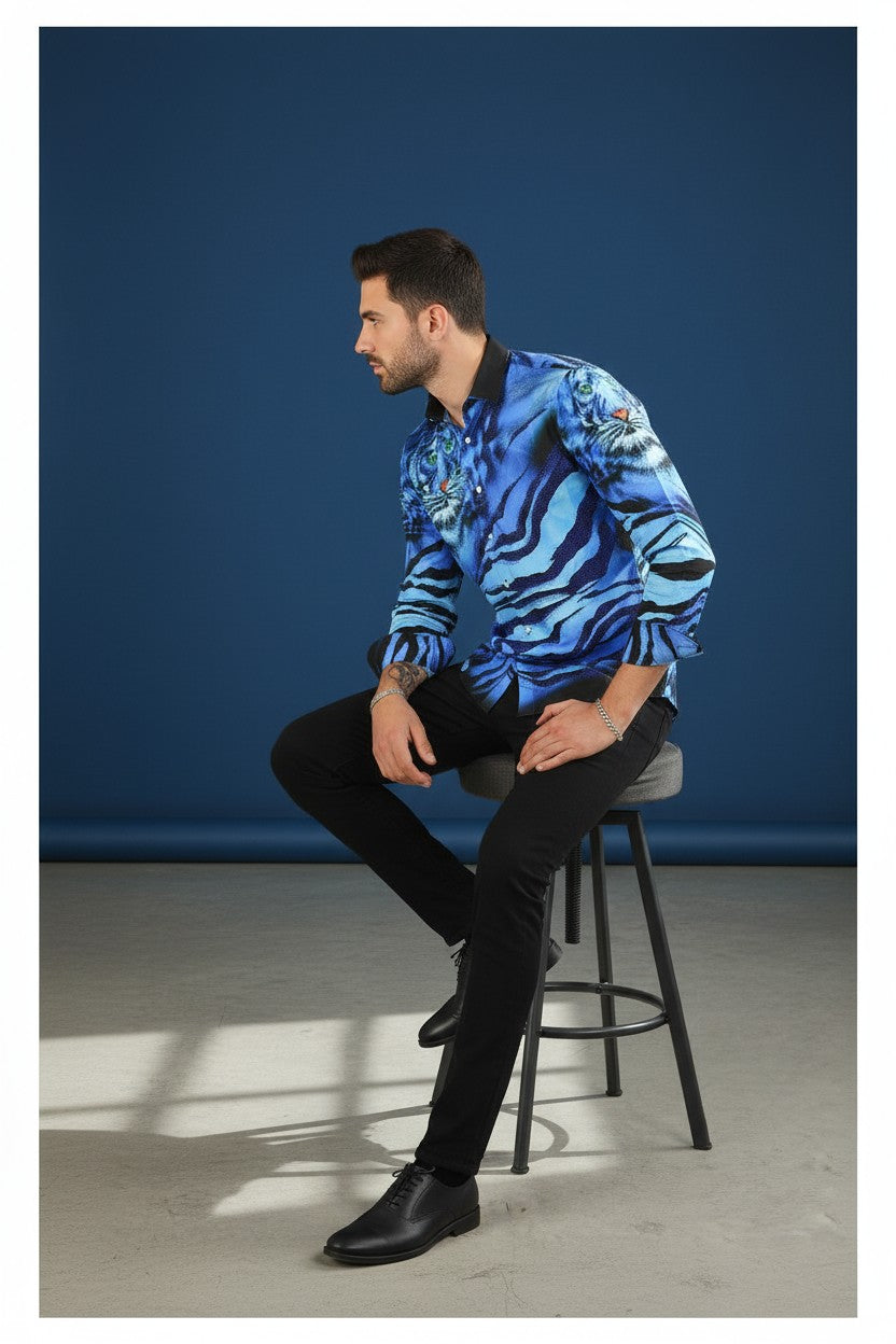 On the Prowl Men's Rhinestone Tiger & Tiger Scratch Shirt