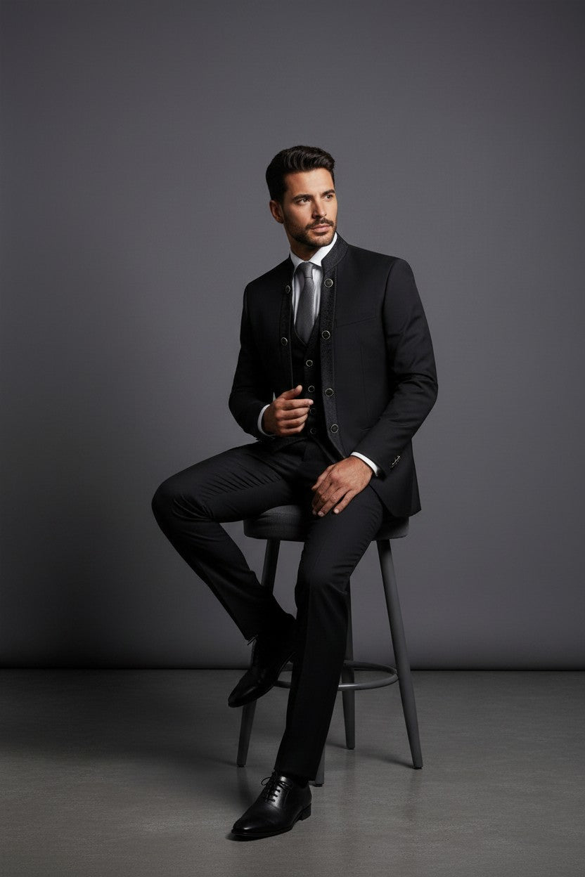 Mandarin Collar Tuxedo with Jacquard Vest – Black & Off White