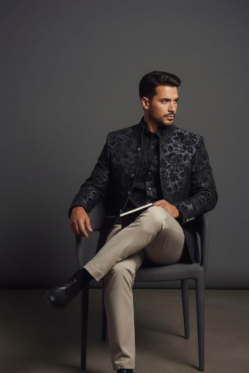 Black Floral Velvet Tuxedo with Mandarin Collar & Grey Satin Accents