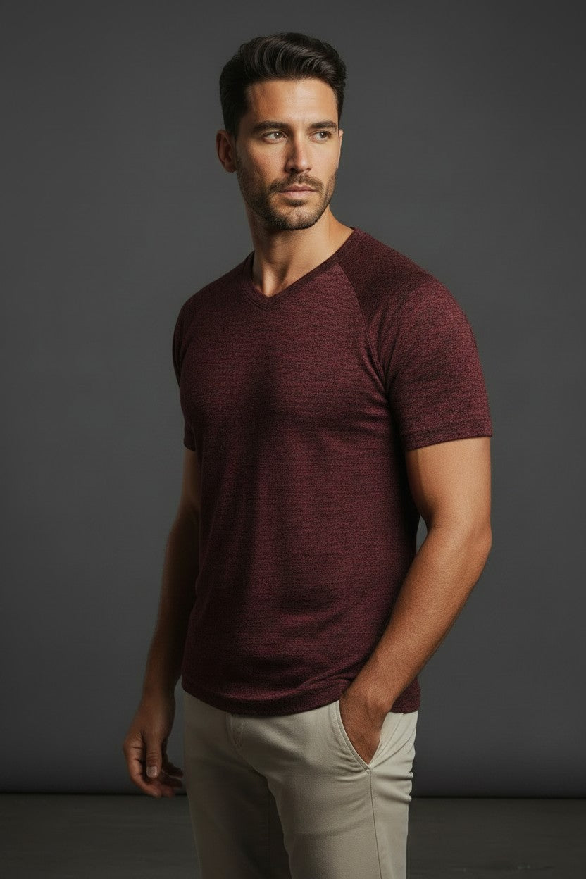 Vercini Burgundy Heathered V-Neck Tee — Raglan Edition