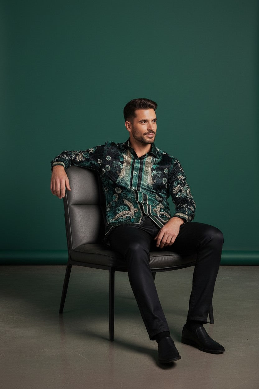 Men's Rhinestone Floral Snake Skin Long Sleeve Shirts