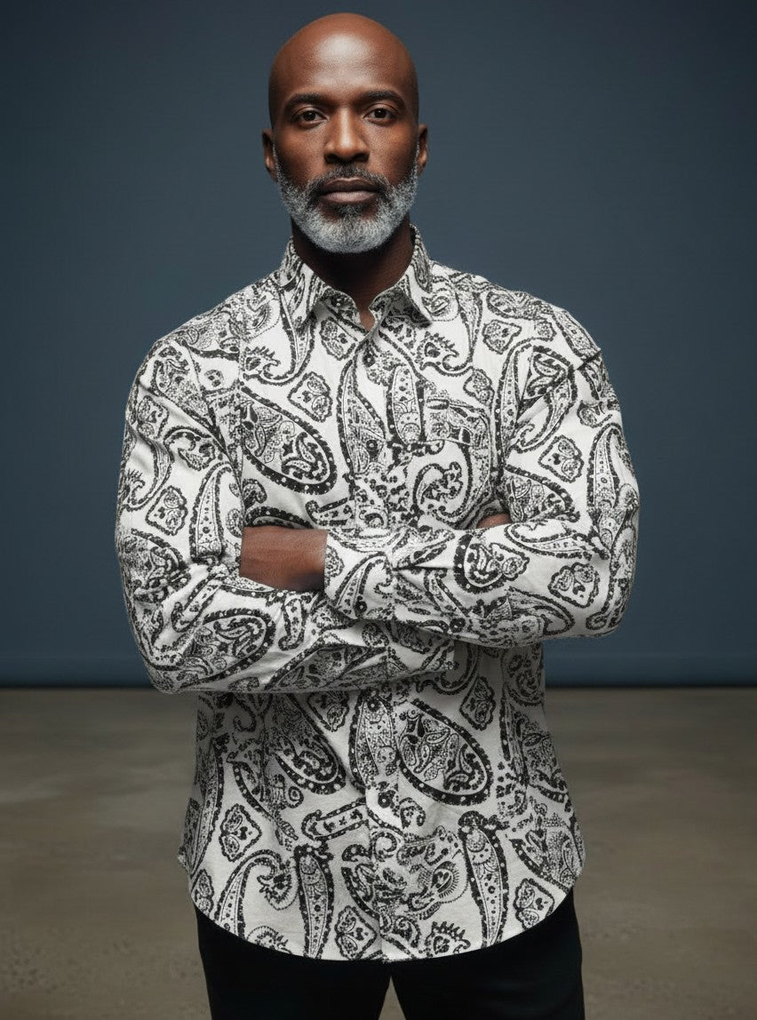 Riviera Paisley Shirt – White & Royal Blue