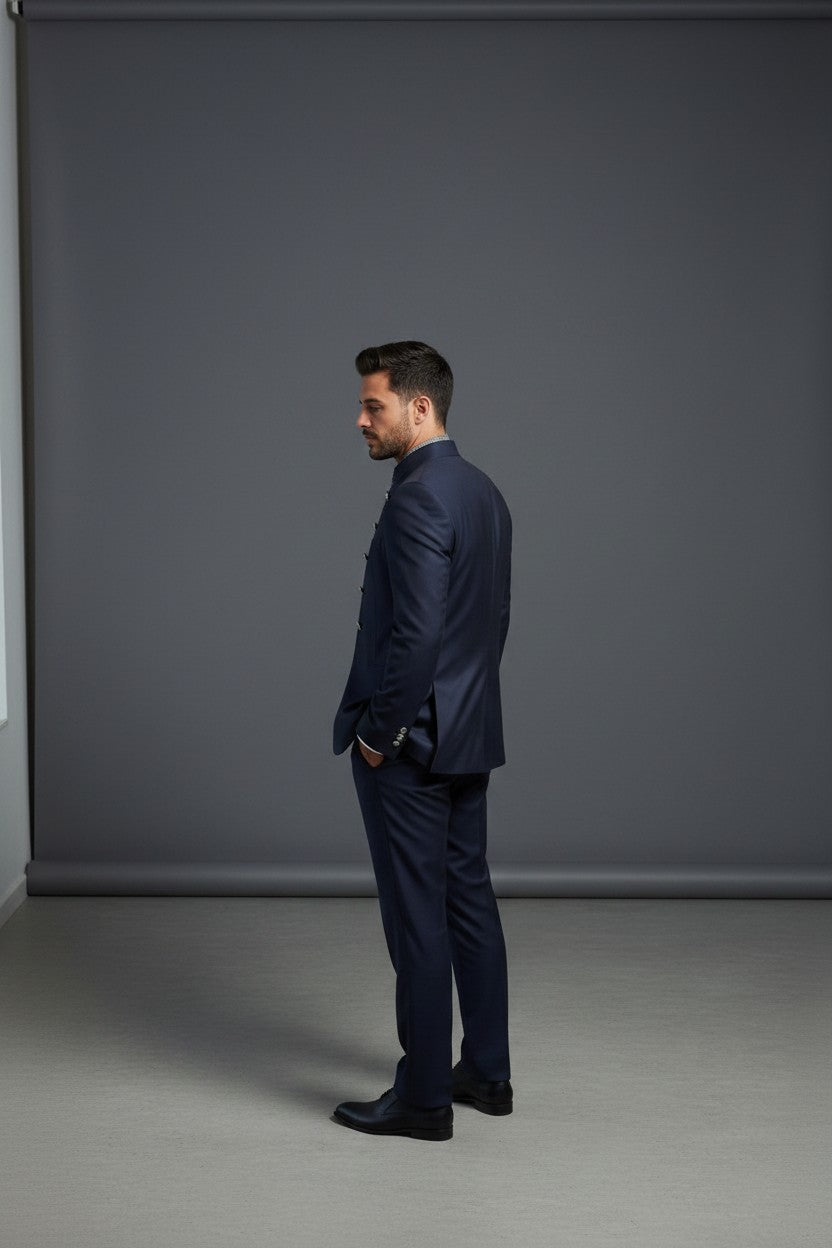 Navy Mandarin Collar Suit with Double Button Detail & Patterned Vest