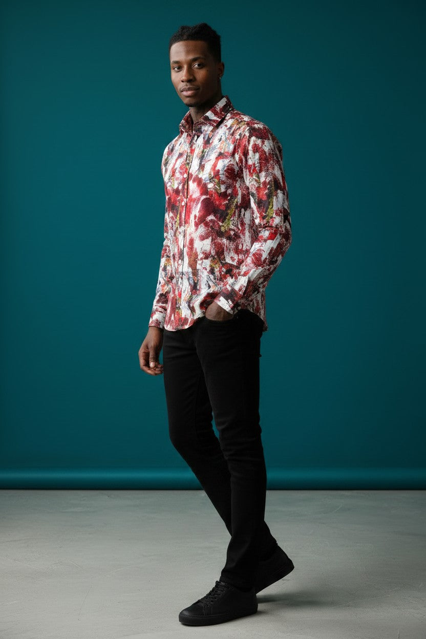 Crimson Abstract Shirt – Striking Design, Smooth Comfort
