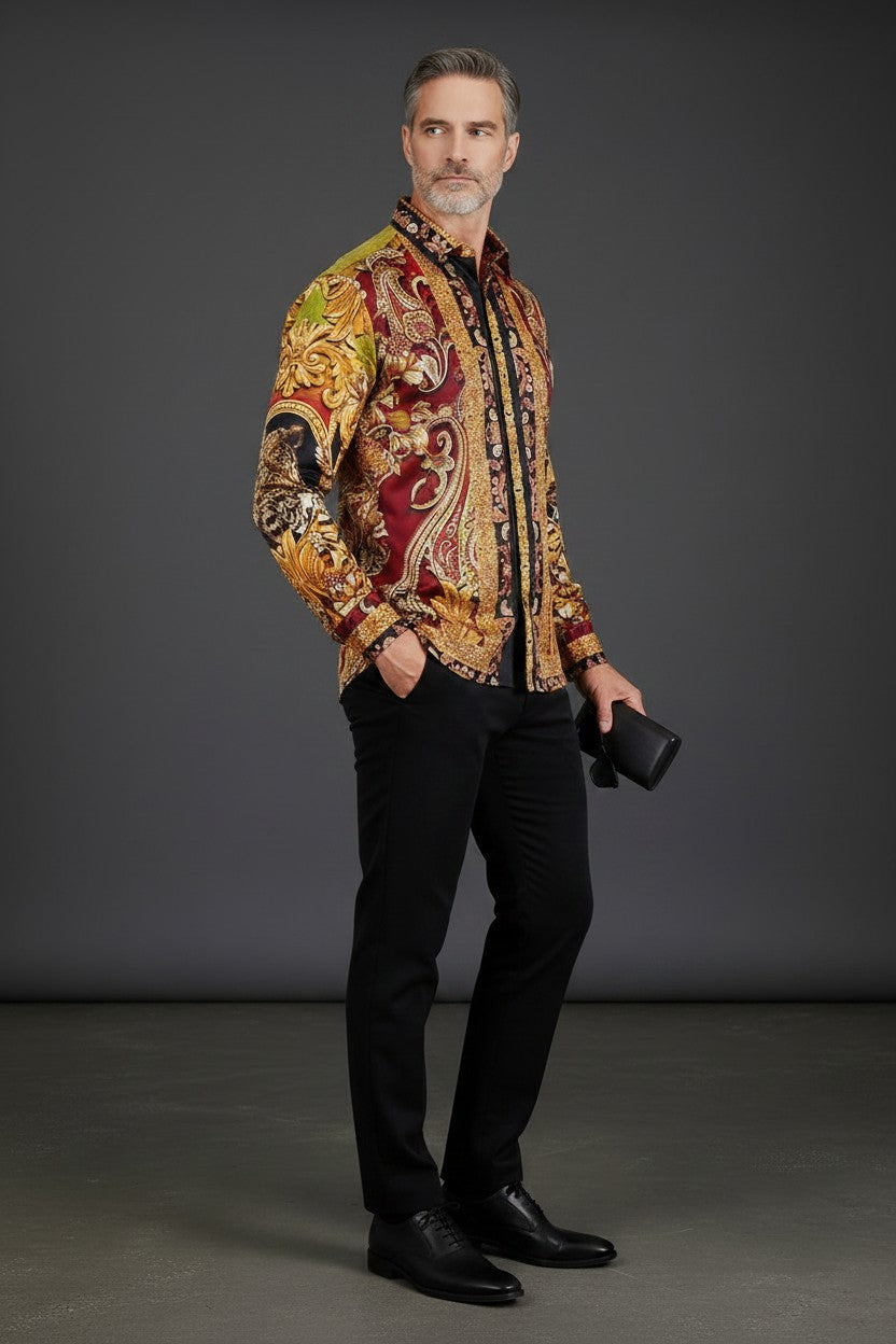 Men's Rhinestone Floral Medusa Long Sleeve Shirts 3SPR401