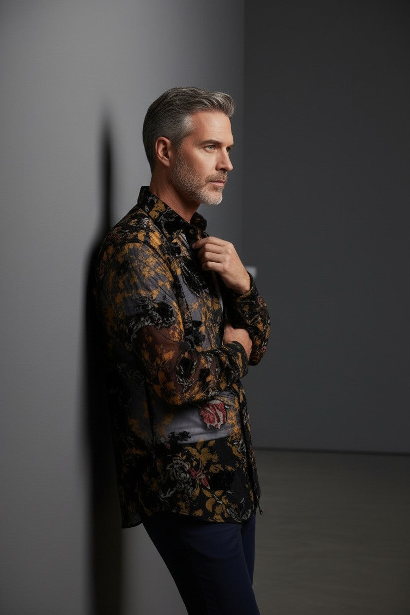 Black Floral Sheer Velvet Shirt