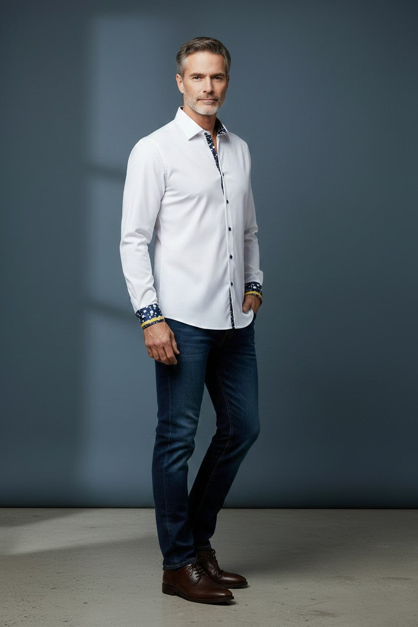 Vercini White Signature Shirt with Patterned Cuff and Collar