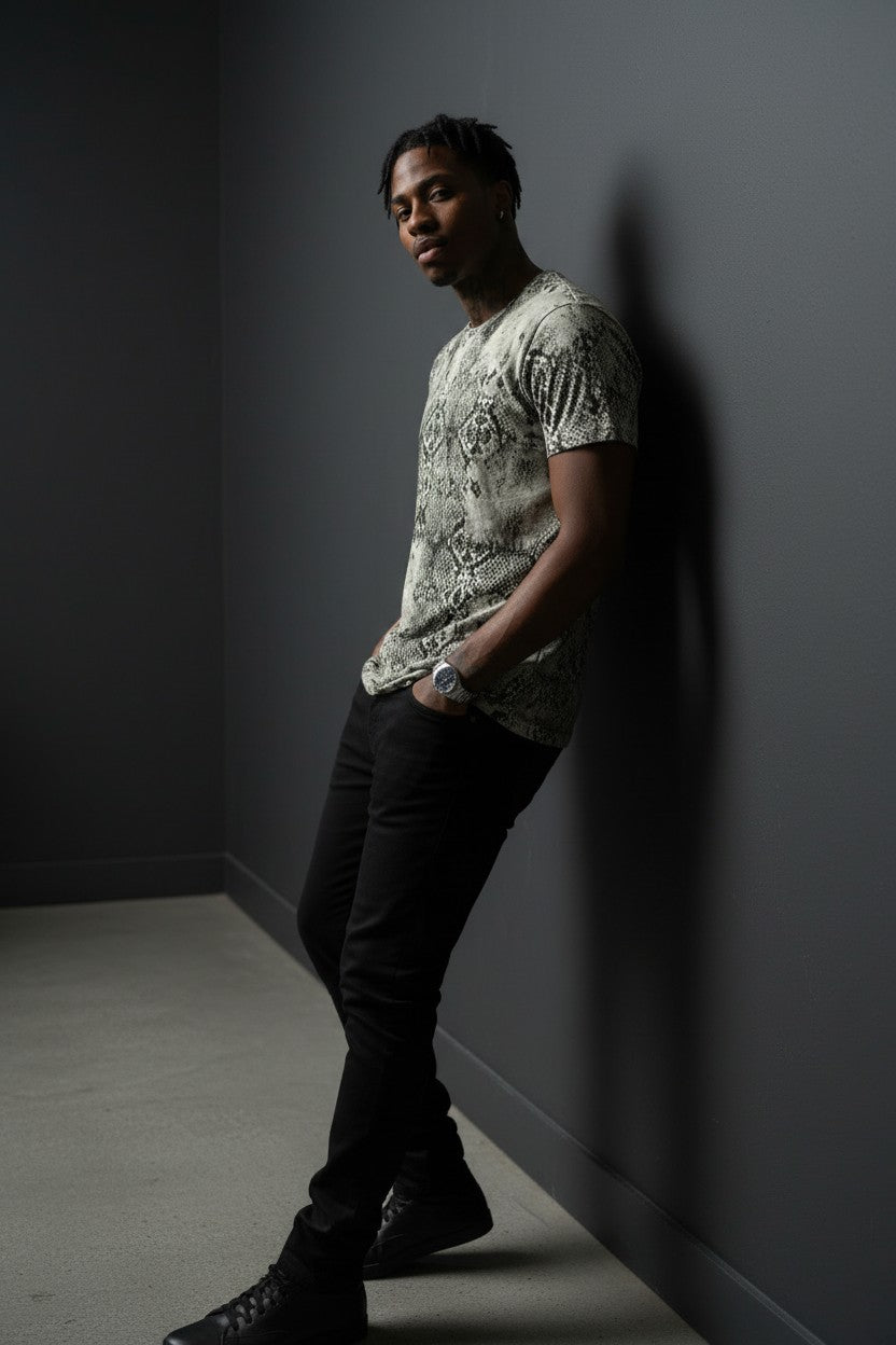 Vercini Grey Snake Print Crew Neck Tee — Wild Instinct Edition